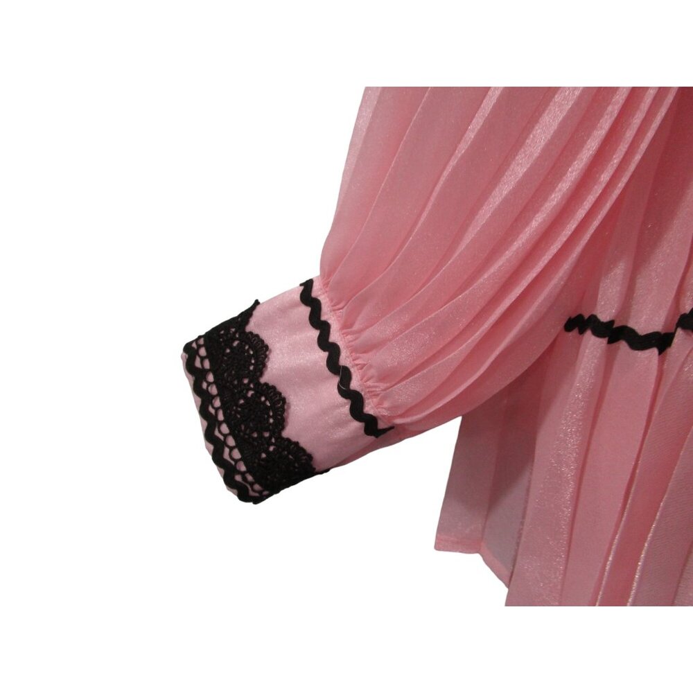 VGU Pink Accordion Pleated Swing Blouse Black RicRac Lace Vintage Style Med EUC - Picture 10 of 15
